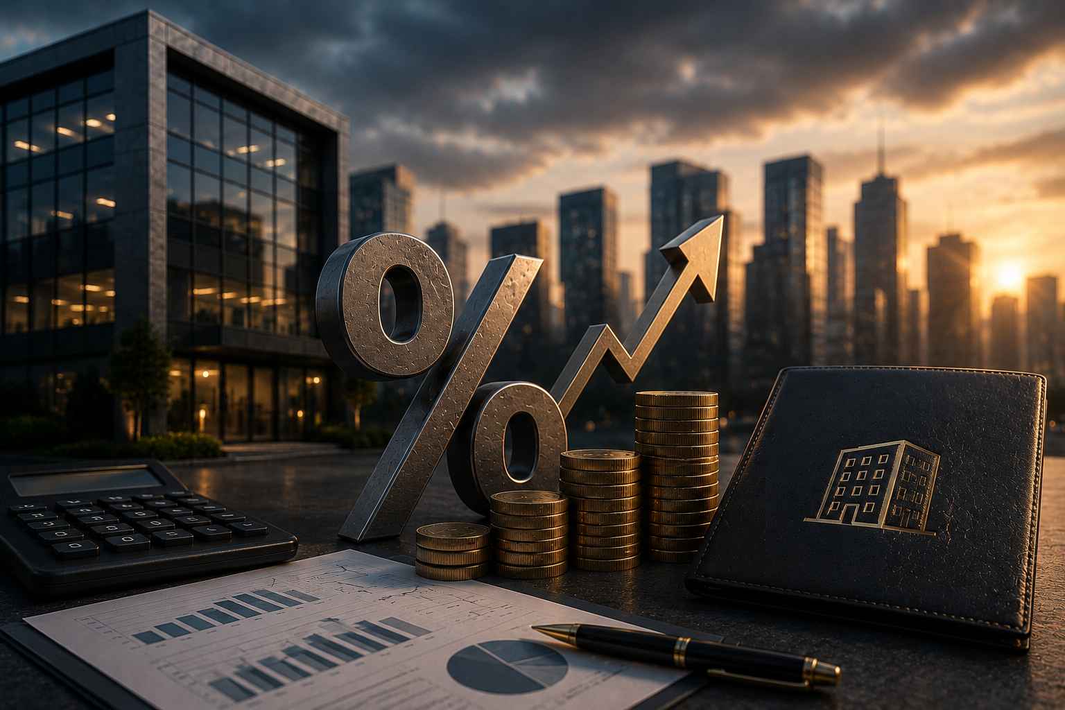 Símbolo de porcentagem ao lado de pilhas de moedas e indicadores financeiros em ambiente corporativo moderno, representando juros para empresas e operações de crédito empresarial.