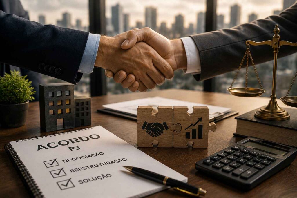 Elementos que representam negociação empresarial, reorganização financeira e acordo corporativo em ambiente profissional, simbolizando a busca por soluções para dívidas empresariais.