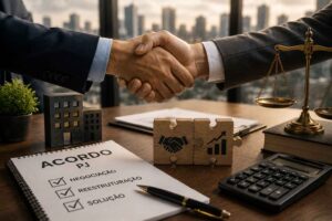 Elementos que representam negociação empresarial, reorganização financeira e acordo corporativo em ambiente profissional, simbolizando a busca por soluções para dívidas empresariais.