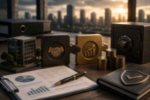 Peças interligadas representando acordo financeiro empresarial, ao lado de elementos corporativos e financeiros, simbolizando a renegociação de dívidas para empresas.