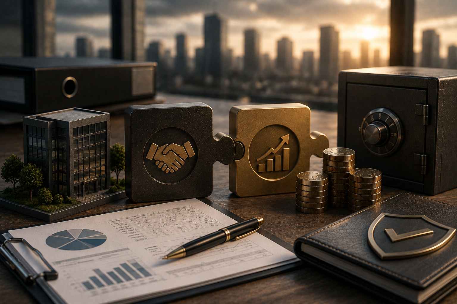 Peças interligadas representando acordo financeiro empresarial, ao lado de elementos corporativos e financeiros, simbolizando a renegociação de dívidas para empresas.