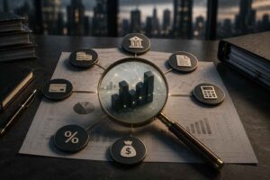 Lupa analisando indicadores financeiros e documentos corporativos, representando o levantamento e mapeamento de passivos bancários empresariais.