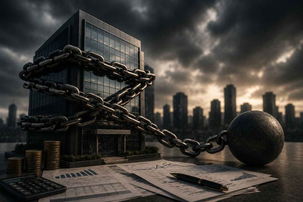 Prédio empresarial envolvido por correntes pesadas e preso a uma grande esfera metálica, representando o peso das dívidas corporativas sobre as operações da empresa.