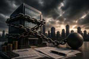 Prédio empresarial envolvido por correntes pesadas e preso a uma grande esfera metálica, representando o peso das dívidas corporativas sobre as operações da empresa.