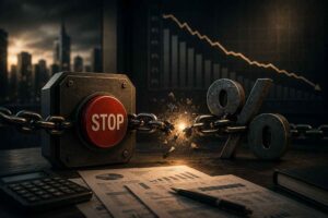 Corrente metálica se rompendo diante de um símbolo de porcentagem em ambiente financeiro, representando a interrupção do crescimento de juros sobre uma dívida.