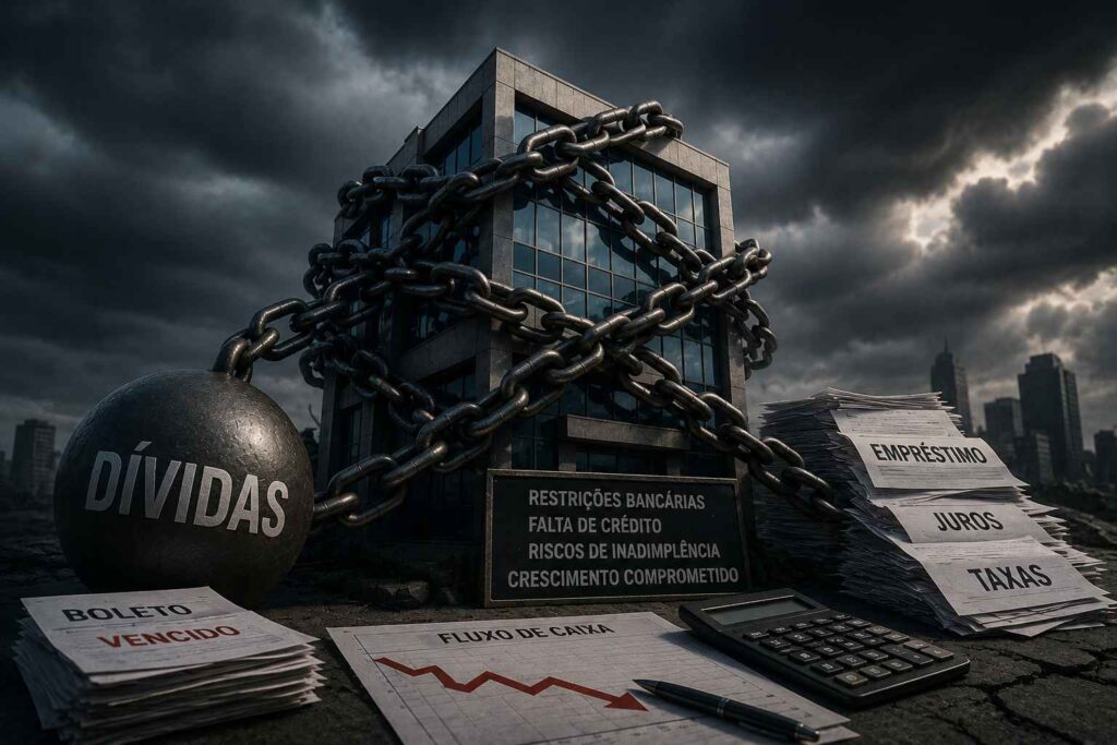 Prédio corporativo envolvido por correntes pesadas sob um céu escuro e tempestuoso, representando as dificuldades enfrentadas por uma empresa endividada.