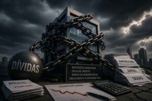 Prédio corporativo envolvido por correntes pesadas sob um céu escuro e tempestuoso, representando as dificuldades enfrentadas por uma empresa endividada.