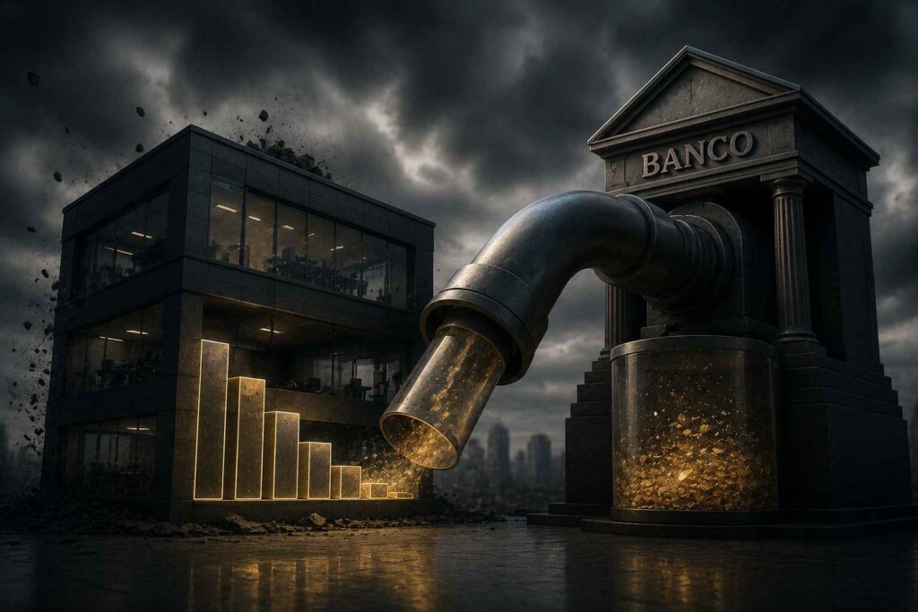 Edifício corporativo perdendo recursos financeiros para uma grande estrutura bancária em cenário dramático, simbolizando a redução da margem de lucro e da capacidade financeira da empresa.
