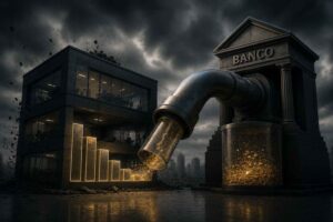 Edifício corporativo perdendo recursos financeiros para uma grande estrutura bancária em cenário dramático, simbolizando a redução da margem de lucro e da capacidade financeira da empresa.