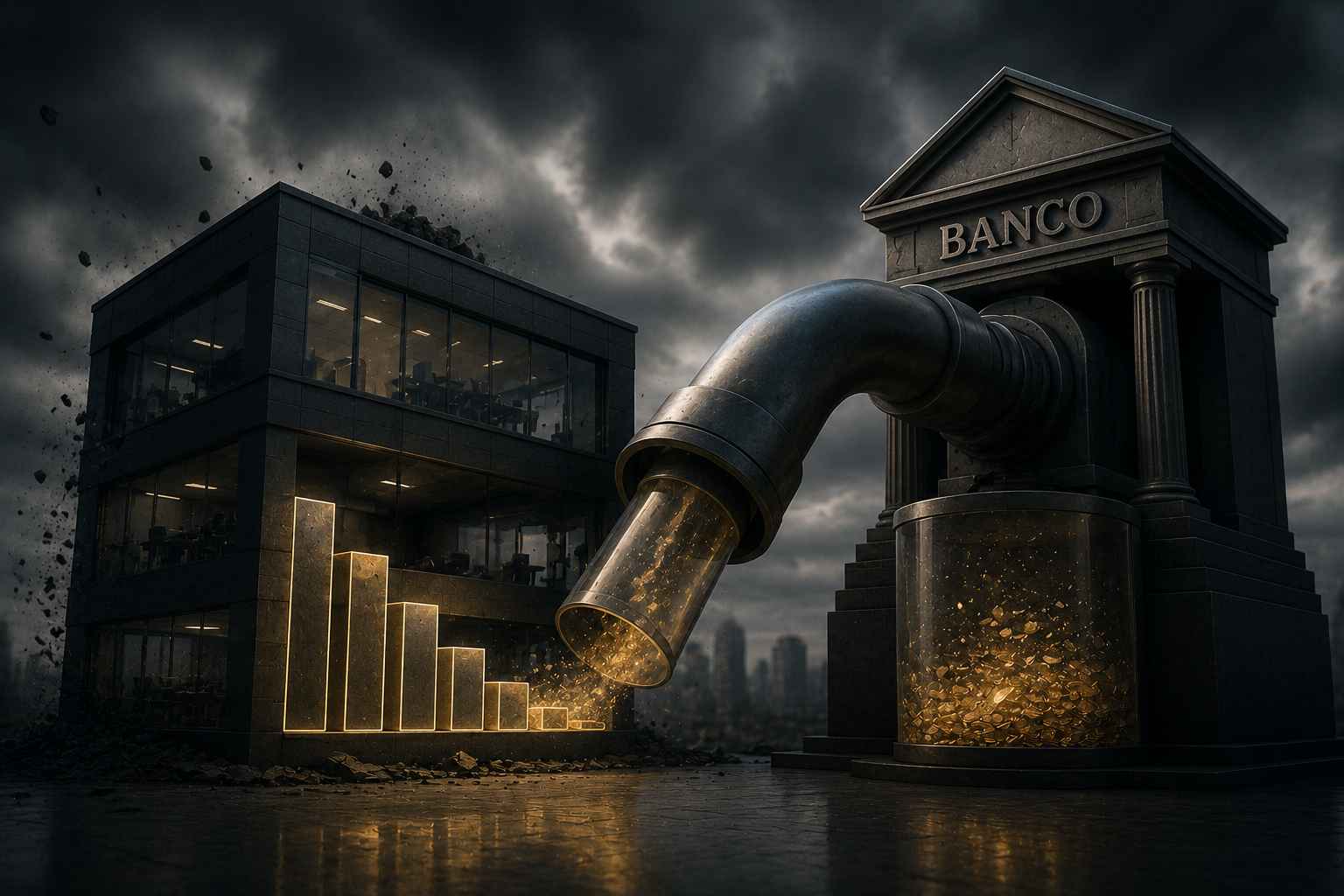 Edifício corporativo perdendo recursos financeiros para uma grande estrutura bancária em cenário dramático, simbolizando a redução da margem de lucro e da capacidade financeira da empresa.