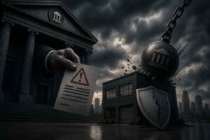 Prédio empresarial sob pressão de uma grande instituição financeira representada de forma simbólica, com elementos de cobrança e proteção patrimonial em cenário dramático.
