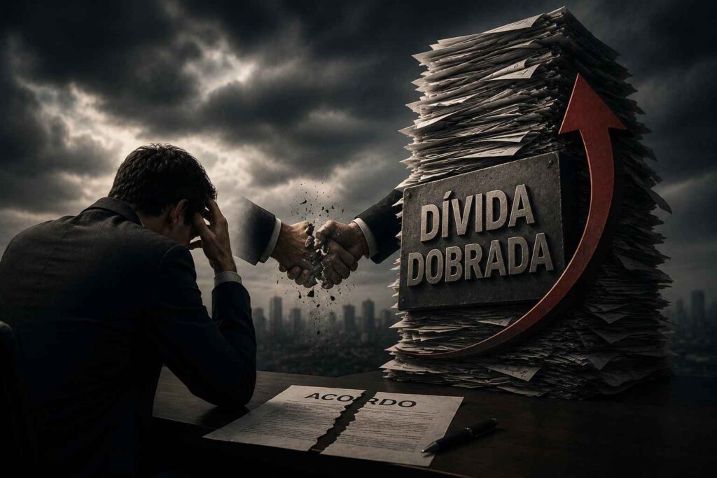 Empresário preocupado diante de documentos financeiros e um acordo rompido, enquanto uma pilha de obrigações cresce de forma desproporcional, simbolizando o aumento inesperado da dívida após uma renegociação.