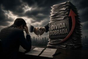 Empresário preocupado diante de documentos financeiros e um acordo rompido, enquanto uma pilha de obrigações cresce de forma desproporcional, simbolizando o aumento inesperado da dívida após uma renegociação.