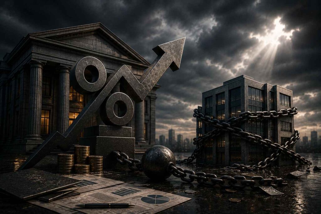 Prédio corporativo severamente danificado e envolvido por correntes pesadas diante de uma grande estrutura bancária, simbolizando a pressão financeira e o risco de encerramento das atividades empresariais.
