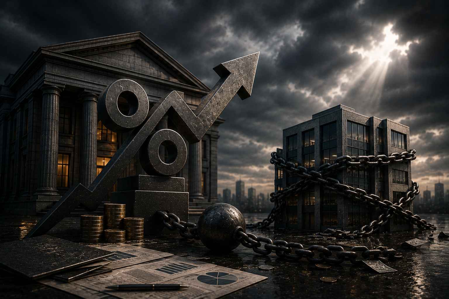 Prédio corporativo severamente danificado e envolvido por correntes pesadas diante de uma grande estrutura bancária, simbolizando a pressão financeira e o risco de encerramento das atividades empresariais.