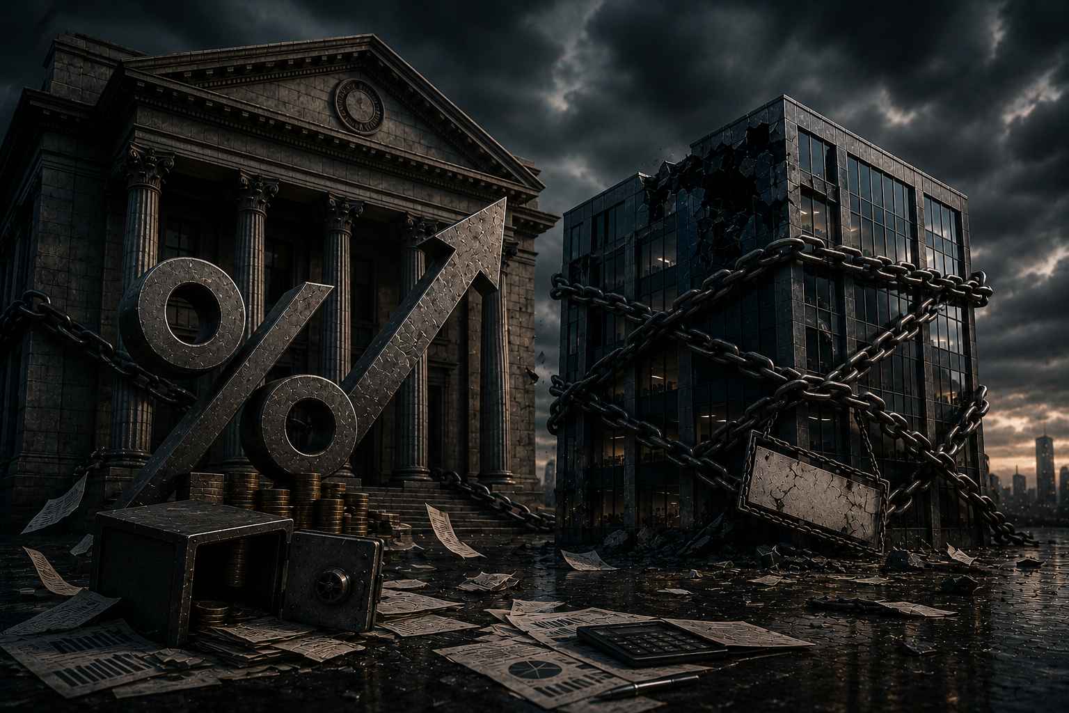 Prédio corporativo cercado por correntes pesadas diante de uma estrutura bancária imponente, com elementos que simbolizam aumento de custos financeiros e pressão sobre o endividamento empresarial.