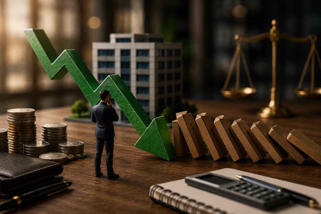 Empresário analisando documentos financeiros enquanto busca alternativas para baixar parcelas de empréstimos e financiamentos PJ, com elementos que representam reorganização financeira e redução de dívidas empresariais.