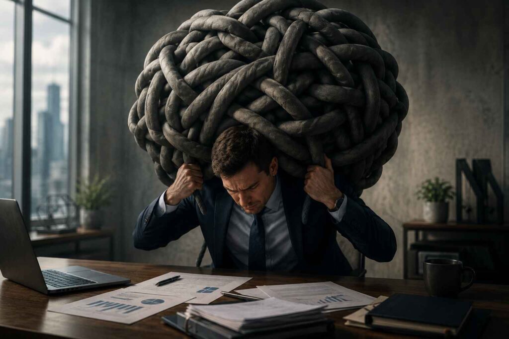 Empresário em escritório carregando um enorme emaranhado de cordas sobre os ombros, simbolizando o peso dos passivos e das dívidas que pressionam financeiramente uma empresa.