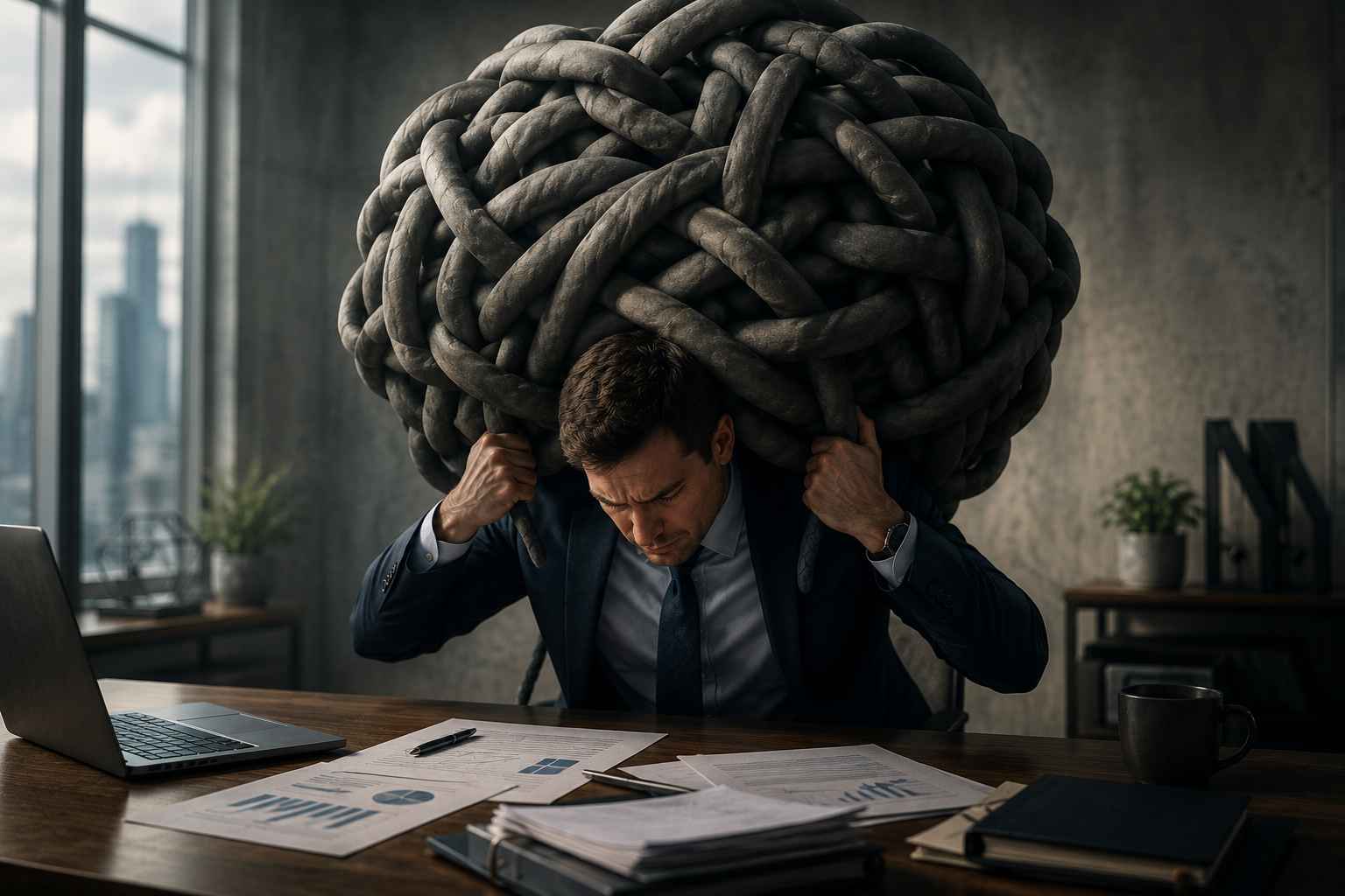 Empresário em escritório carregando um enorme emaranhado de cordas sobre os ombros, simbolizando o peso dos passivos e das dívidas que pressionam financeiramente uma empresa.