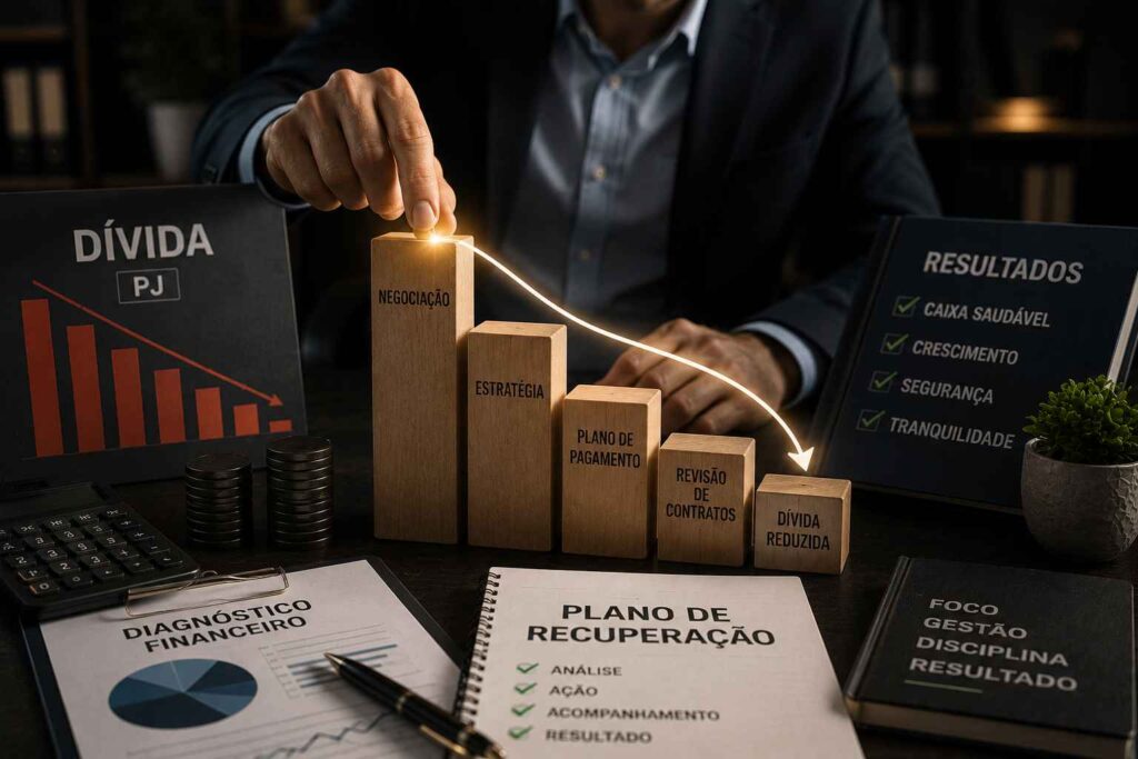 Empresário reorganizando blocos financeiros em uma mesa corporativa, simbolizando estratégias para reduzir dívida PJ e recuperar a saúde financeira da empresa.