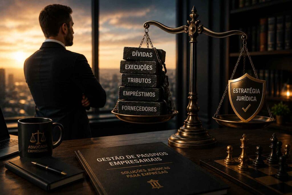 Balança da justiça equilibrando o peso de passivos empresariais em ambiente corporativo sofisticado, representando atuação de advogado especializado em passivos PJ.
