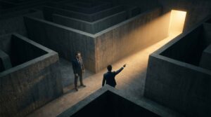 Fotografia cinematográfica de uma visão aérea parcial de um labirinto de concreto frio e escuro. Dentro do labirinto, um empresário exausto é guiado por outro homem de terno, que aponta firmemente para uma saída iluminada por uma forte luz quente.