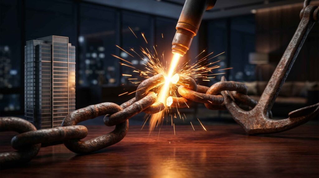 Fotografia cinematográfica detalhada de uma grossa corrente de ferro enferrujada sendo rompida ao meio por um corte incandescente, emitindo faíscas brilhantes, separando uma âncora pesada de uma miniatura de prédio corporativo.