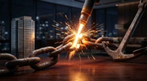 Fotografia cinematográfica detalhada de uma grossa corrente de ferro enferrujada sendo rompida ao meio por um corte incandescente, emitindo faíscas brilhantes, separando uma âncora pesada de uma miniatura de prédio corporativo.