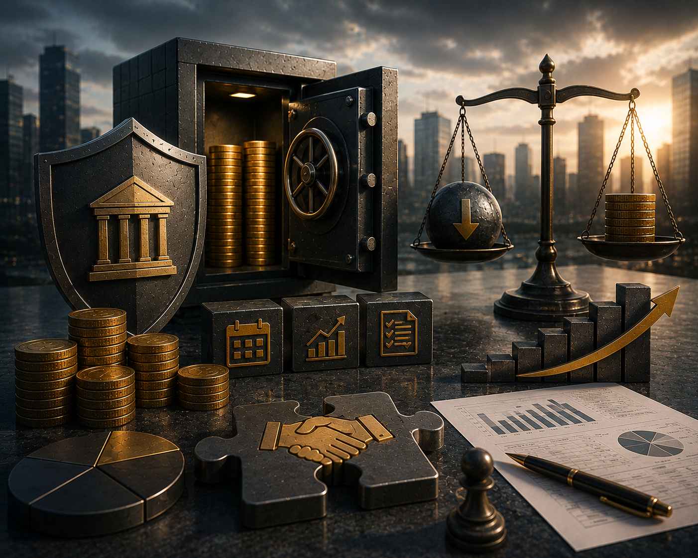Cofre metálico aberto com reservas financeiras, moedas organizadas, balança em equilíbrio e peças de quebra-cabeça encaixadas diante de um cenário corporativo, simbolizando planejamento financeiro e negociação estratégica de dívidas.