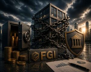 Edifício corporativo envolvido por correntes metálicas, ao lado de um cofre parcialmente aberto e um escudo de proteção, sob um céu dramático, simbolizando os desafios das dívidas empresariais com garantia FGI.