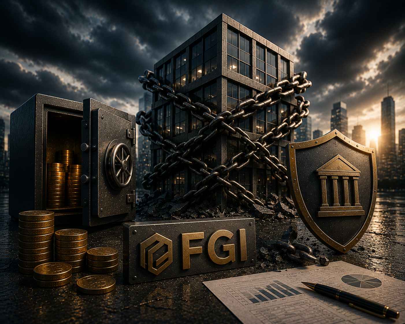 Edifício corporativo envolvido por correntes metálicas, ao lado de um cofre parcialmente aberto e um escudo de proteção, sob um céu dramático, simbolizando os desafios das dívidas empresariais com garantia FGI.