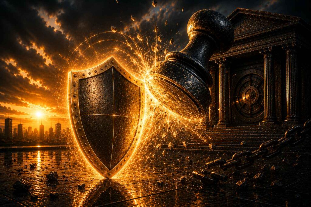 Ilustração conceitual em preto e dourado representando a sustação de efeitos de protesto bancário, escudo dourado detendo um carimbo sombrio vindo de um banco clássico