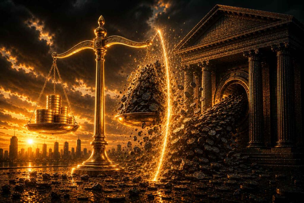 Ilustração conceitual em preto e dourado representando o limite legal de juros para empresas, uma balança dourada contendo uma torre de moedas escuras transbordando de um banco clássico