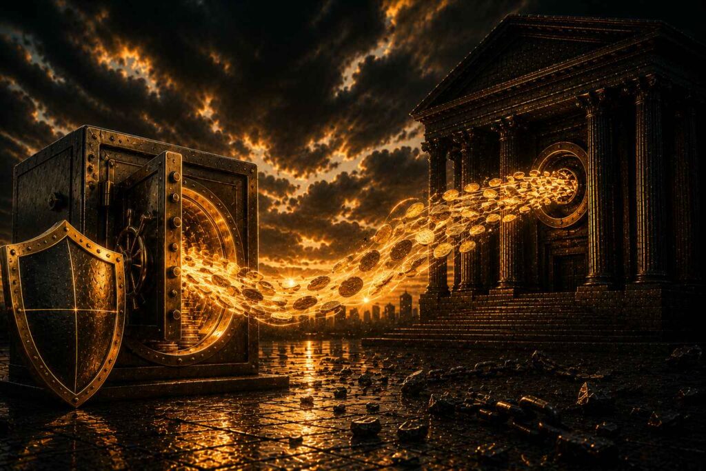 Ilustração conceitual em preto e dourado representando a devolução de valores pagos a maior ao banco, fluxo de moedas douradas retornando de um banco clássico para um cofre protegido por um escudo dourado