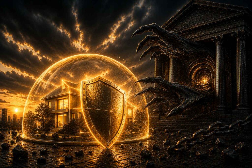 Ilustração conceitual em preto e dourado representando o medo de perder imóveis para dívidas bancárias, uma casa protegida por um escudo dourado sob uma cúpula, garras sombrias de um banco tentando alcançar
