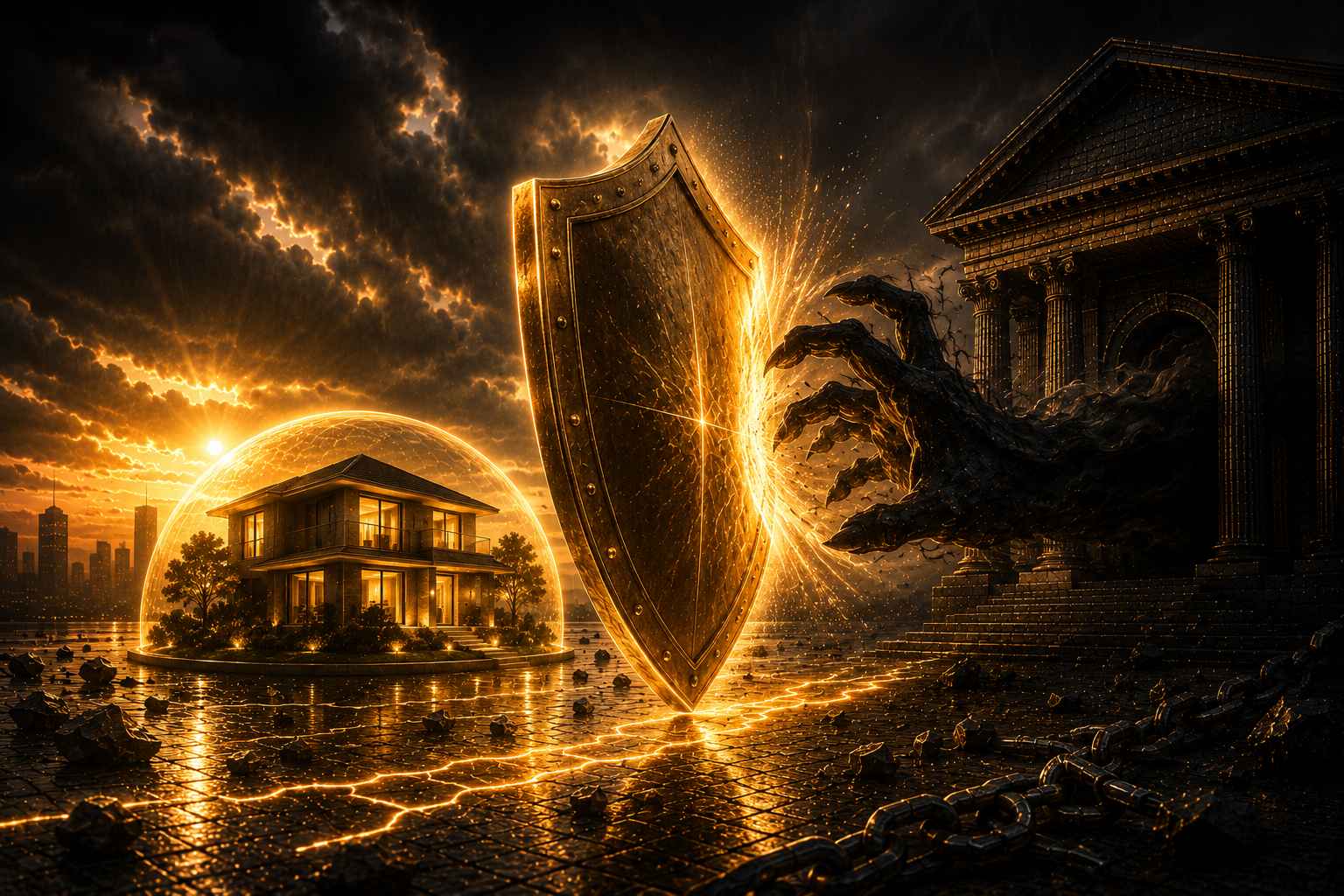 Ilustração conceitual em preto e dourado representando a proteção de imóveis contra dívidas bancárias, um escudo dourado deflete uma mão sombria de um banco tentando alcançar uma casa dourada