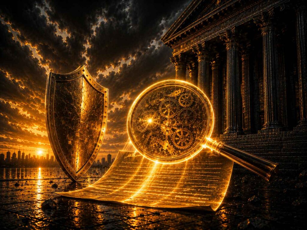 Lupa dourada de luz revelando engrenagens ocultas dentro de um contrato bancário luminoso, com escudo dourado ao lado, simbolizando perícia contábil em contratos bancários