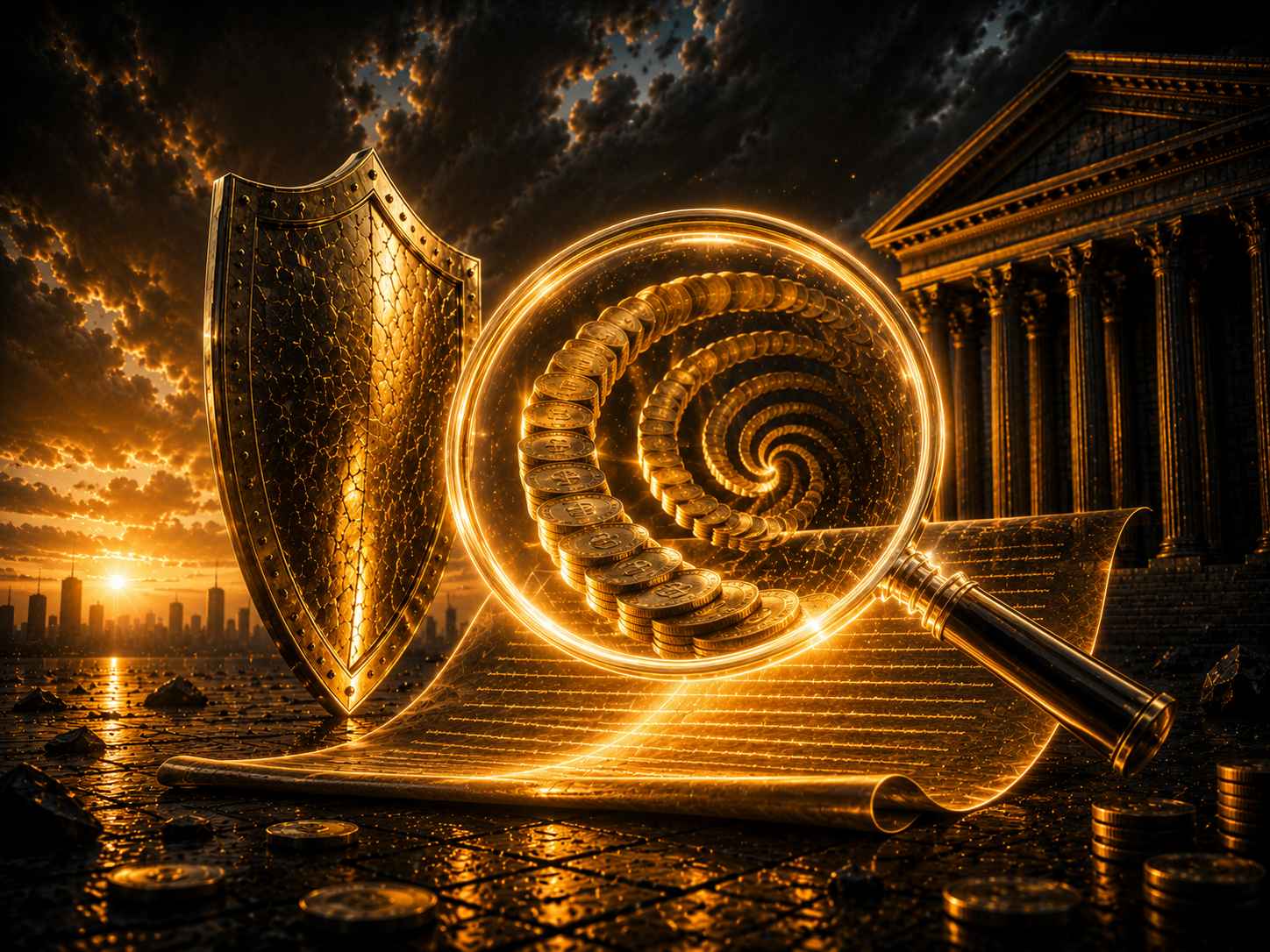 Lupa dourada de luz expondo espiral oculta de juros compostos multiplicando-se dentro de um contrato luminoso, com escudo dourado ao lado de um banco clássico, simbolizando prova de anatocismo em contrato empresarial
