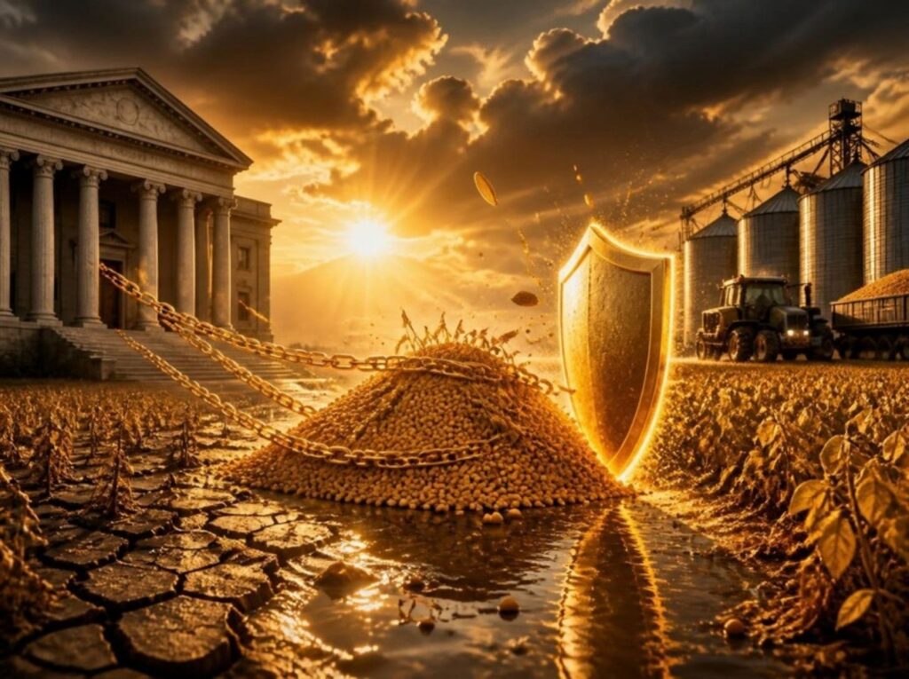 Lavoura com parte do solo rachado pela seca e pilha de grãos dourados presa por correntes a um banco clássico, protegida por um escudo dourado ao lado de silos e trator, simbolizando a dívida de custeio agrícola da empresa rural
